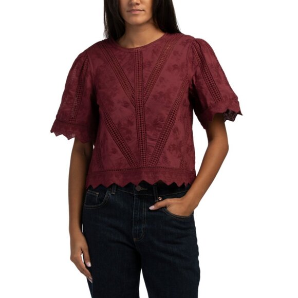 JENNIFER AND GRACE Burgundy Embroidered Short Sleeve Top - Picture 1 of 2